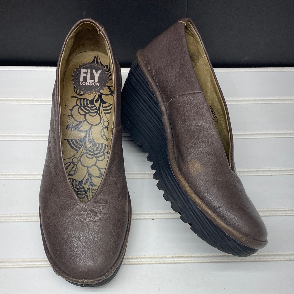 Fly London Yaz Wedge Brown Leather Slip On Shoes Size 39